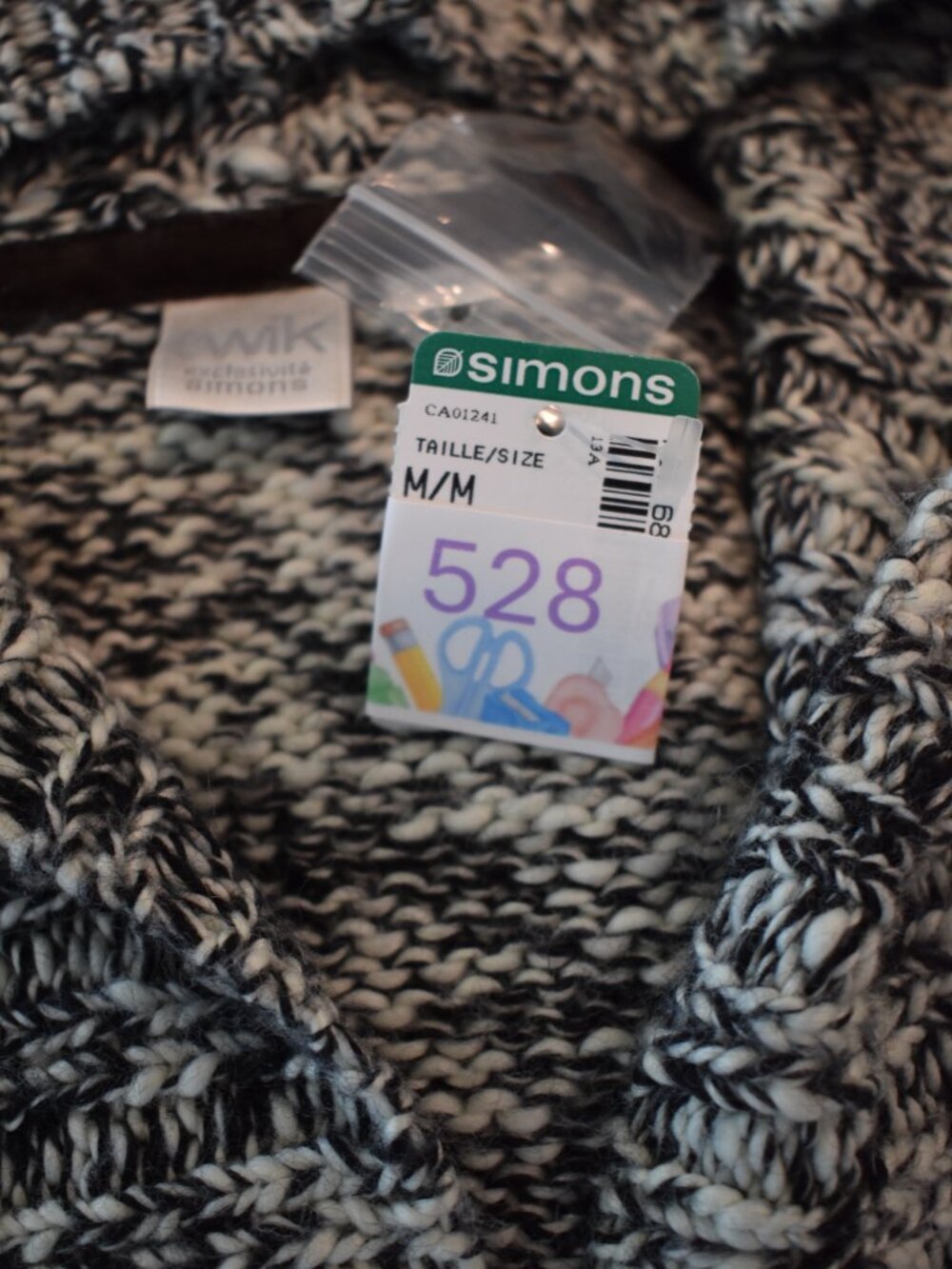 New Twik Simons Black White Marled Chunky Knit Cardigan Elbow Patches Medium - Picture 7 of 7